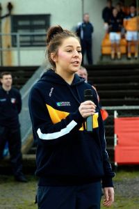 Caitriona McAteer sings Amhrán na bhFiann at the recent National Football League match between Antrim and Kildare at Casement Park.